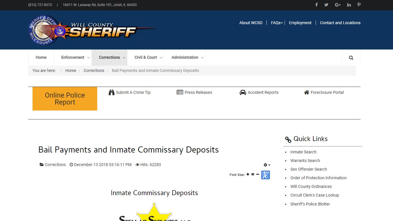 Bail Payments and Inmate Commissary Deposits - Will County Sheriff's Office